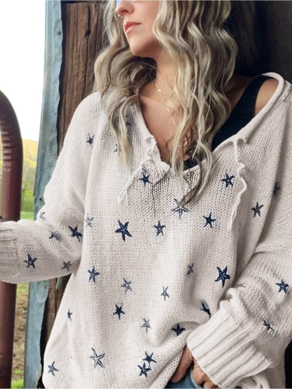 Wooden Ships Mini Starfish Knit V-Neck Sweater Cream Blue Size S/M
